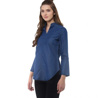 Women's Denim Solid Bell Sleeve Regular Top (Blue Denim)