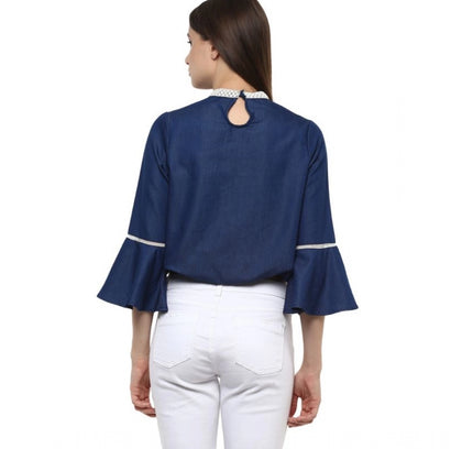 Women's Polyester Solid Bell Sleeve Regular Top (Blue)