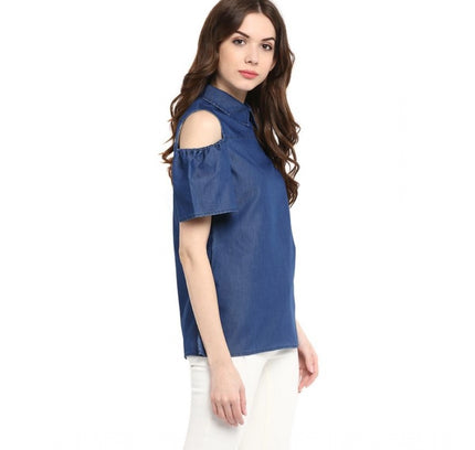 Women's Denim Solid Cold Shoulder Regular Top (Blue)
