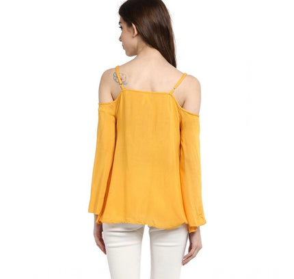 Women's Rayon Embellished Cold Shoulder Regular Top (Mustard Yellow)