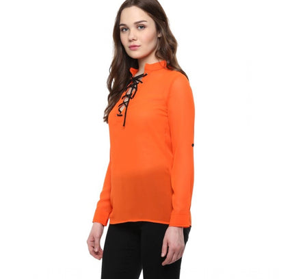 Women's Polyester Solid Long Sleeves Regular Top (Orange)