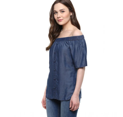 Women's Denim Solid Short Sleeve Regular Top (Blue)