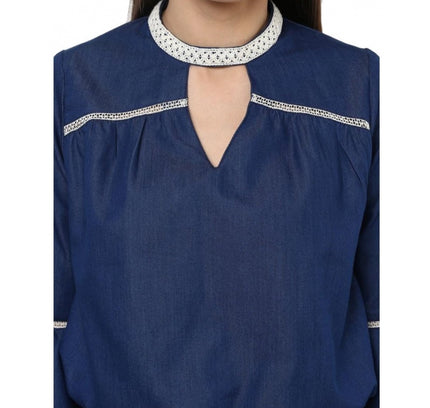 Women's Polyester Solid Bell Sleeve Regular Top (Blue)