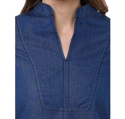 Women's Denim Solid Bell Sleeve Regular Top (Blue Denim)
