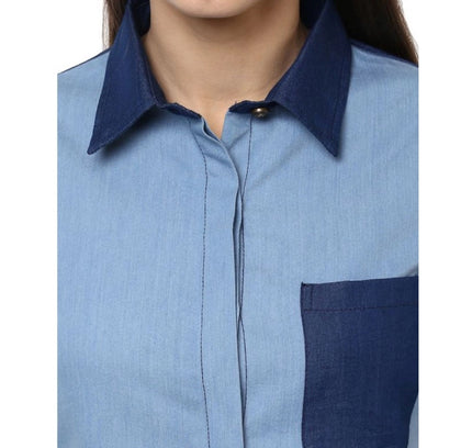 Women's Denim Patch Work Long Sleeves Regular Top (Blue)