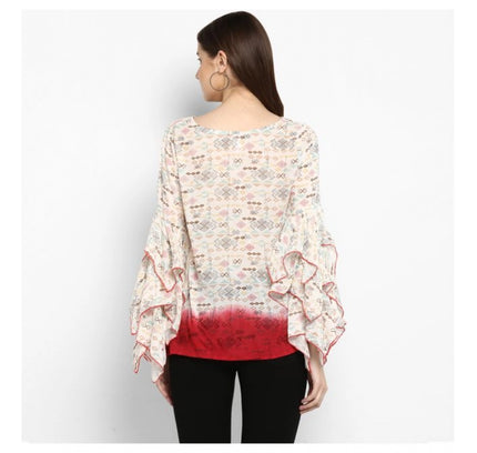 Women's Rayon Crepe Printed Ruffle Sleeve Top (Off White - Red)