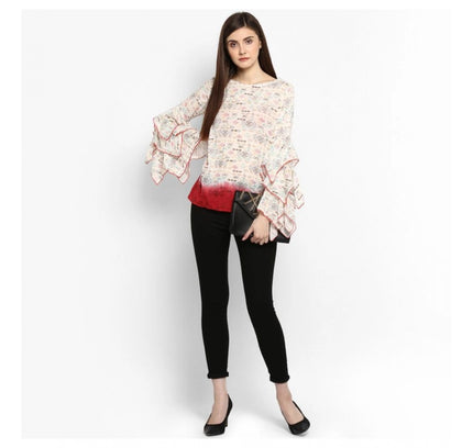 Women's Rayon Crepe Printed Ruffle Sleeve Top (Off White - Red)
