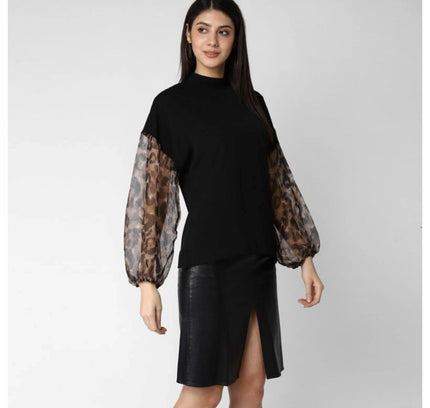 Women's Polyester Animal Print Long Sleeves Top (Black)