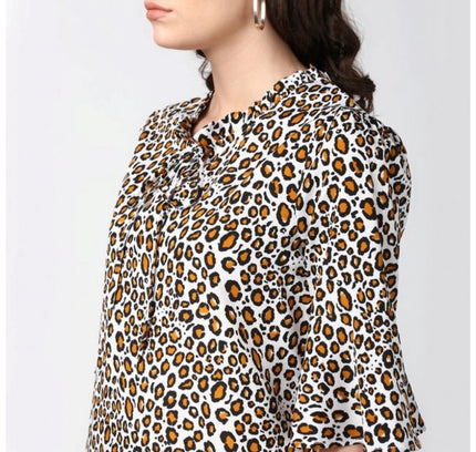Women's Polyester Animal Print Bell Sleeve Top (Orange - Black)