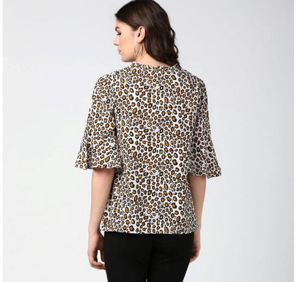 Women's Polyester Animal Print Bell Sleeve Top (Orange - Black)