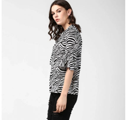 Women's Polyester Animal Print Bell Sleeve Top (Black - White)