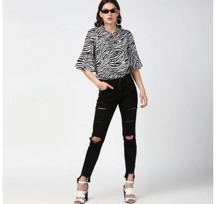 Women's Polyester Animal Print Bell Sleeve Top (Black - White)