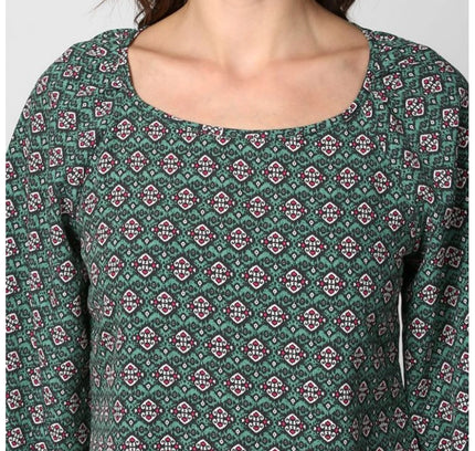 Women's Polyester Printed 3-4th Sleeves Top (Green)