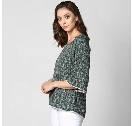 Women's Polyester Printed 3-4th Sleeves Top (Green)
