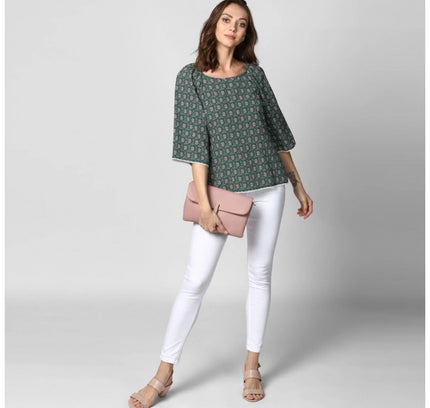 Women's Polyester Printed 3-4th Sleeves Top (Green)