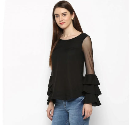Women's Polyester Solid Tier Sleeve Top (Black)