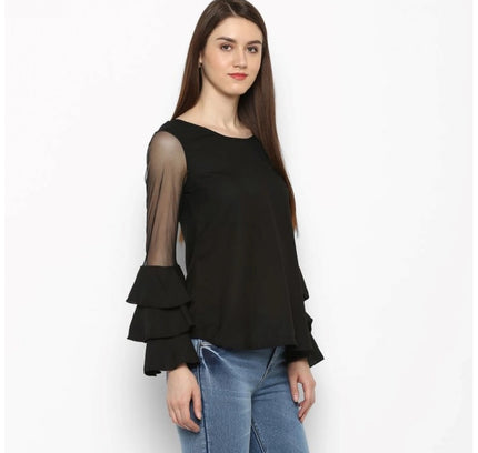 Women's Polyester Solid Tier Sleeve Top (Black)