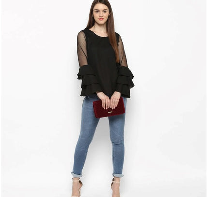 Women's Polyester Solid Tier Sleeve Top (Black)