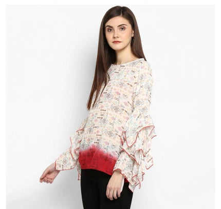 Women's Rayon Crepe Printed Ruffle Sleeve Top (Off White - Red)