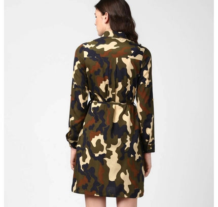 Women's Polyester Printed Roll Up Sleeve Tunic Top (Green - Black)