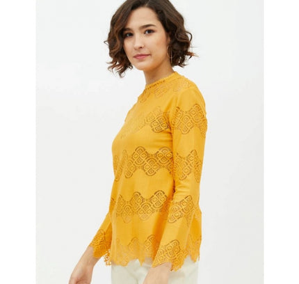 Women's Cotton Lace Inserts Long Sleeves Top (Yellow)