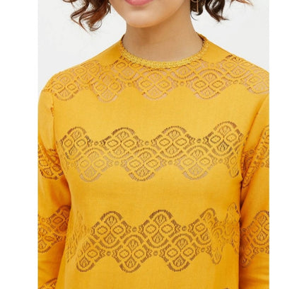 Women's Cotton Lace Inserts Long Sleeves Top (Yellow)