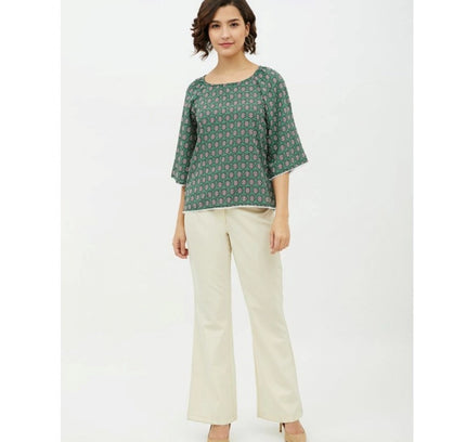 Women's Polyester Printed 3-4th Sleeves Top (Green)