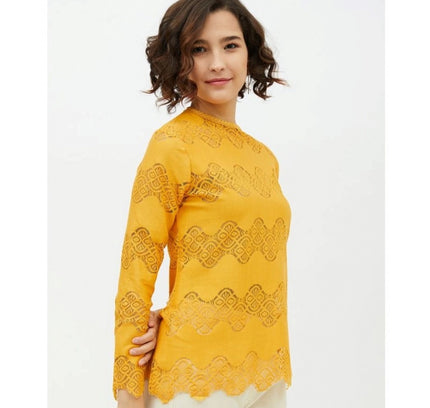 Women's Cotton Lace Inserts Long Sleeves Top (Yellow)