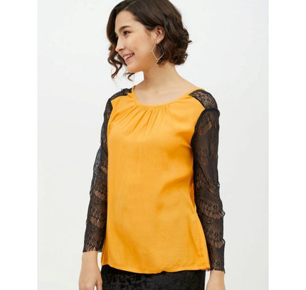 Women's Rayon Lace Inserts Long Sleeves Top (Yellow)
