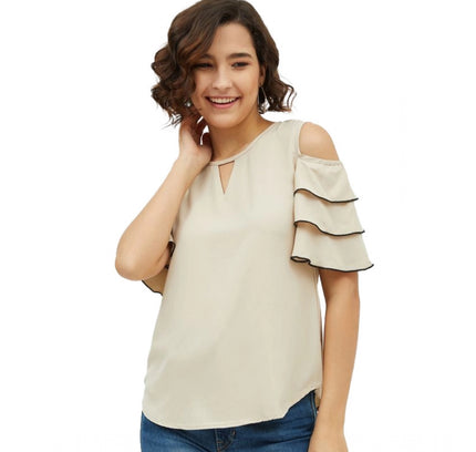 Women's Polyester Tiered Cold Shoulder Top (Beige)