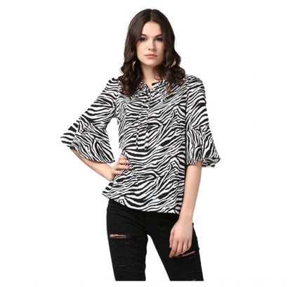 Women's Polyester Animal Print Bell Sleeve Top (Black - White)