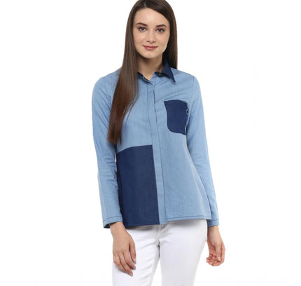 Women's Denim Patch Work Long Sleeves Regular Top (Blue)