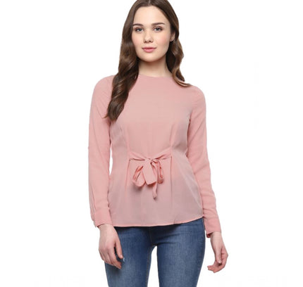 Women's Polyester Solid Long Sleeves Regular Top (Pink)