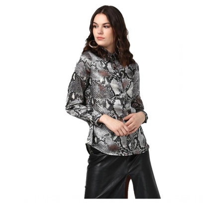 Women's Satin Animal Print Long Sleeves Standard Length Shirt (Black - Grey)