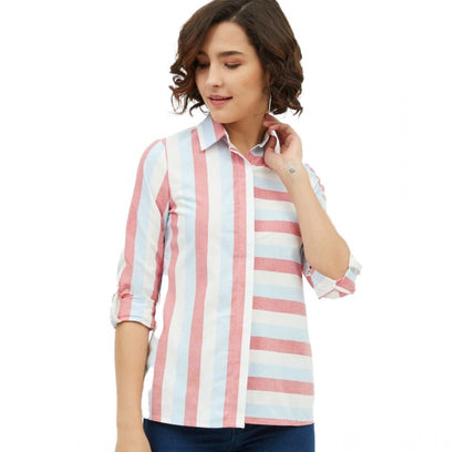 Women's Cotton Striped Long Sleeves Standard Length Shirt (Pink)