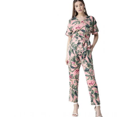 Women's Polyester Floral Half Sleeve Jumpsuit (Pink)
