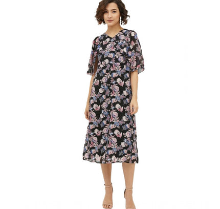 Women's Polyester Chain Print Cap Sleeve Calf-length Dress (Multicolor)
