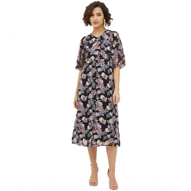 Women's Polyester Chain Print Cap Sleeve Calf-length Dress (Multicolor)