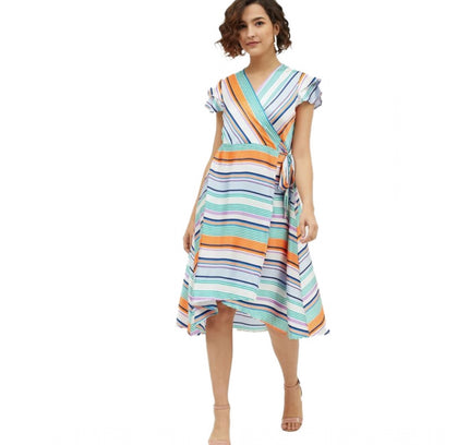 Women's Satin Striped Short Sleeve Knee-Length Dress (Multicolor)