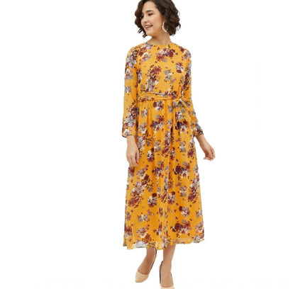 Women's Polyester Floral Long Sleeves Calf-length Dress (Multicolor)