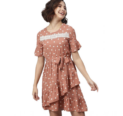 Women's Polyester Polka Bell Sleeve Above Knee Dress (Brown)