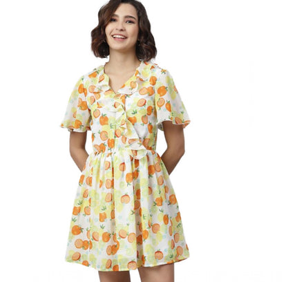 Women's Polyester Printed Flutter Above Knee Dress (Yellow - Orange)