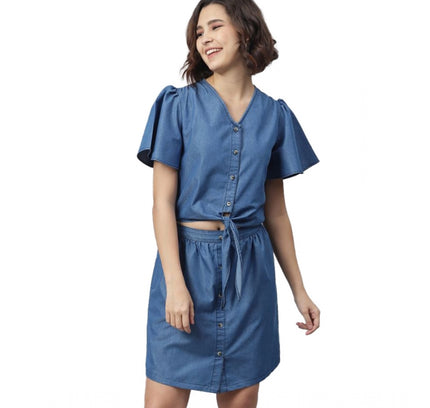 Women's Denim Solid Flutter Above Knee Dress (Blue)