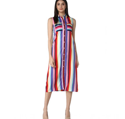 Women's Polyester Striped Sleeveless Calf-length Dress (Multicolor)