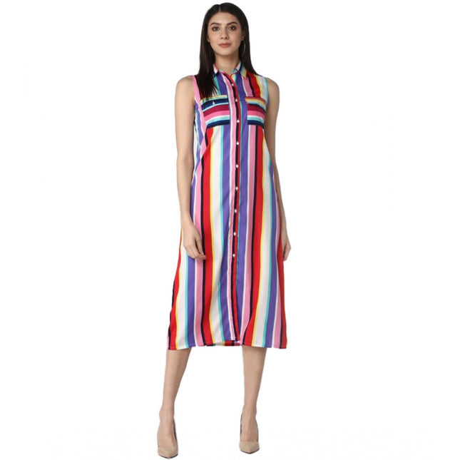 Women's Polyester Striped Sleeveless Calf-length Dress (Multicolor)