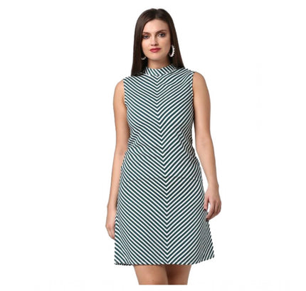 Women's Polyester Striped Sleeveless Above Knee Dress (Green)