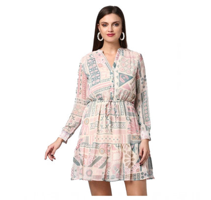 Women's Polyester Printed Long Sleeves Above Knee Dress (Light Pink - Off White)