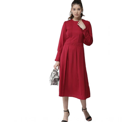 Women's Polyester Pintuck Long Sleeves Below Knee Dress (Red)