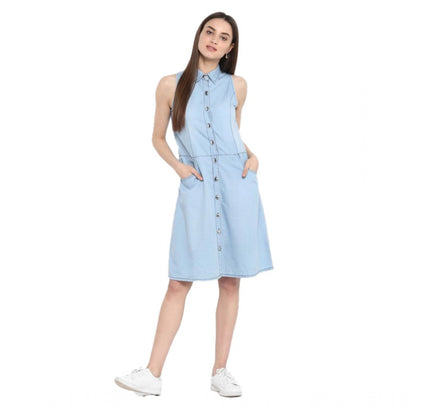Women's Denim Solid Sleeveless Below Knee Dress (Blue)