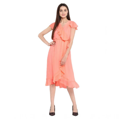 Women's Polyester Ruffled Cap Sleeve Below Knee Dress (Neon Pink)